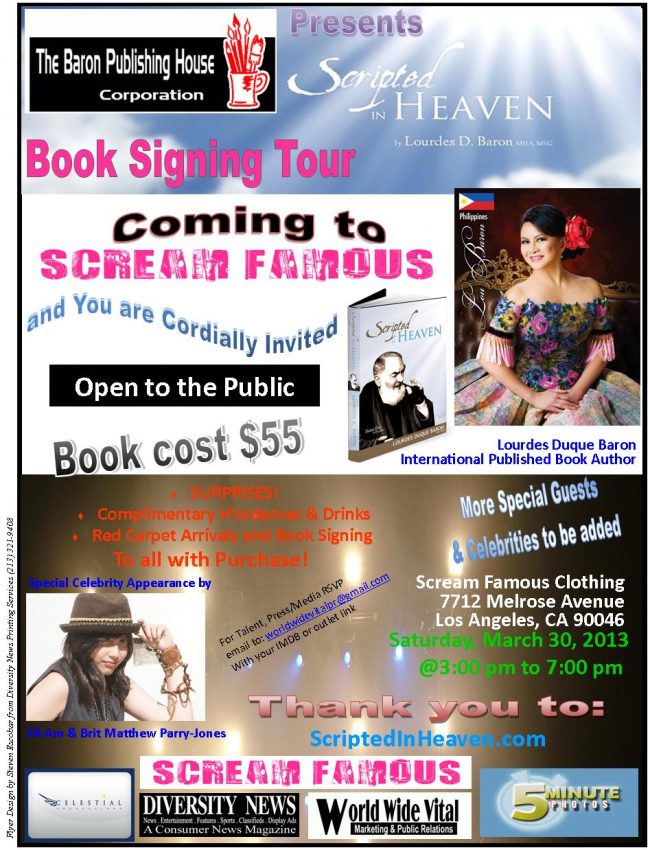 Public Book Signing Tour of “Scripted In Heaven” by Lourdes Duque Baron at Scream Famous Clothing