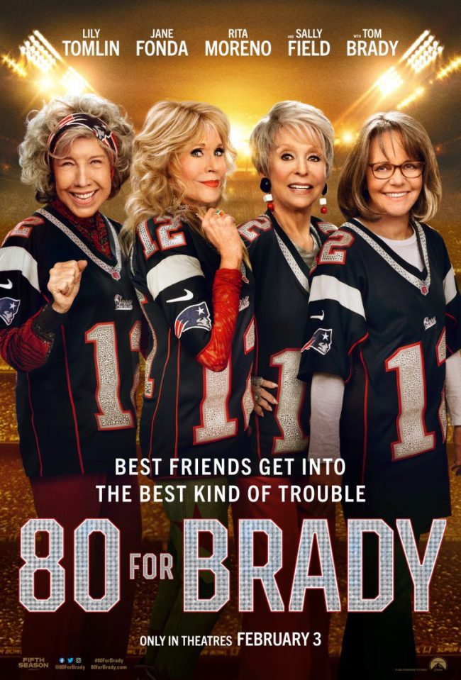 Rita Moreno plays Maura, Sally Field plays Betty, Lily Tomlin plays Lou, and Jane Fonda plays Trish in 80 For Brady from Paramount Pictures