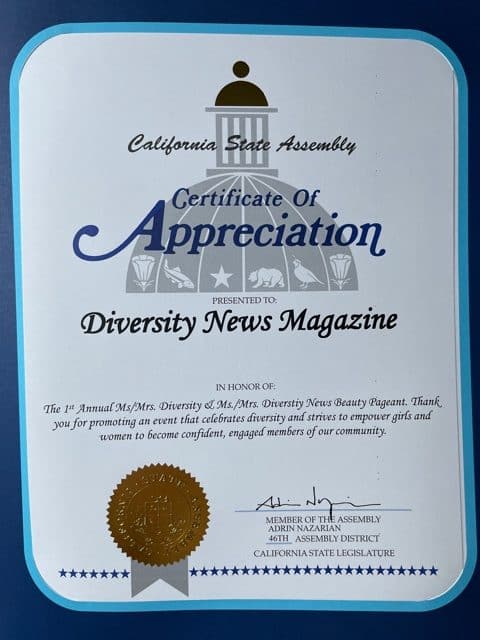 Diversity News Magazine CA State Assembly award