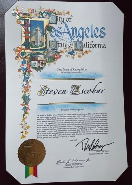 Diversity News Magazine & Steven Escobar City of Los Angeles award